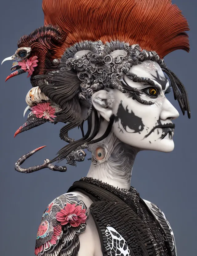 Image similar to 3 d goddess close - up profile portrait punk with mohawk with ram skull. beautiful intricately detailed japanese crow kitsune mask and clasical japanese kimono. betta fish, jellyfish phoenix, bio luminescent, plasma, ice, water, wind, creature, artwork by tooth wu and wlop and beeple and greg rutkowski