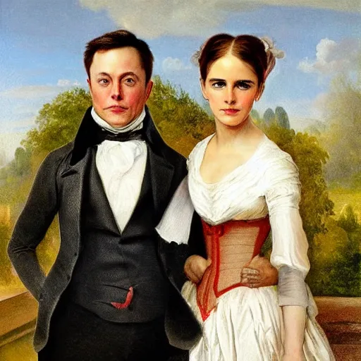 Image similar to elon musk ( left ) and emma watson in an 1 8 5 5 painting by elisabeth jerichau - baumann. painting, oil on canvas