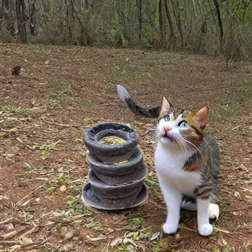 Prompt: Cat catching a donut, trail camera footage