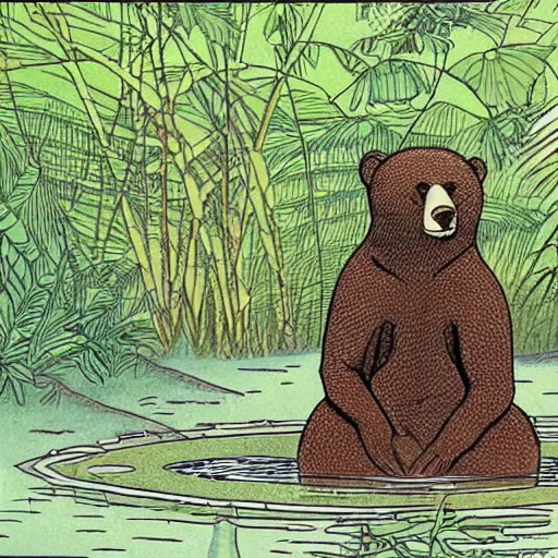 Prompt: a bear sitting in a pond in a lush jungle together with a guitarist, drawing by moebius