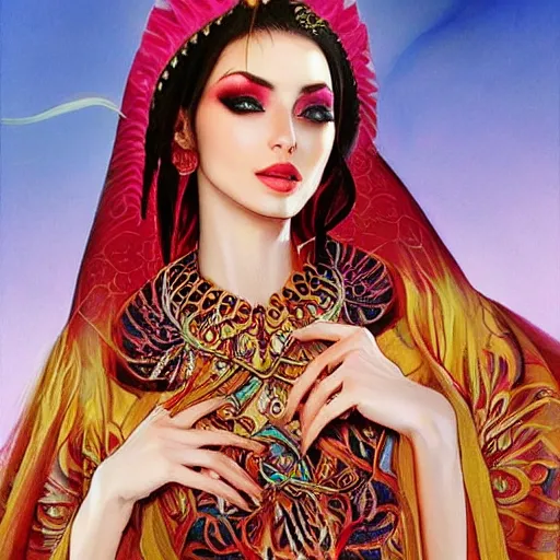 Image similar to a beautiful arabian woman wearing a kaftan by karol bak, ayami kojima, artgerm, arabian beauty, blue eyes, smile, concept art, fantasy