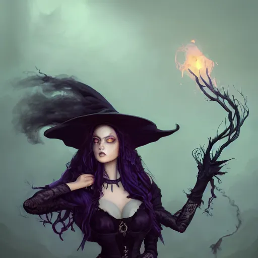 Image similar to an insanely detailed portrait of a beautiful witch with long dark purple hair standing in an smoky alchemy lab, tightly fitting black ornate dress and black witch hat, in the style of peter mohrbacher, artgerm, dramatic lighting and composition, octane render, trending on artstation, concept art 8 k