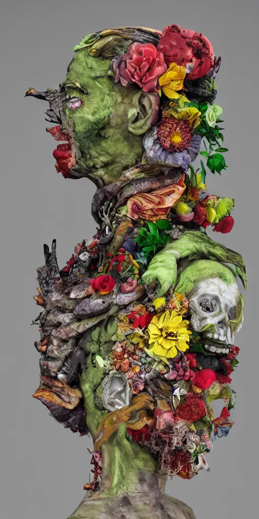 Image similar to portrait of a zombie punk, head made of fruit and flowers in the style of arcimboldo, photorealistic, dynamic lighting, action figure, clay sculpture, claymation, soft multicolor background