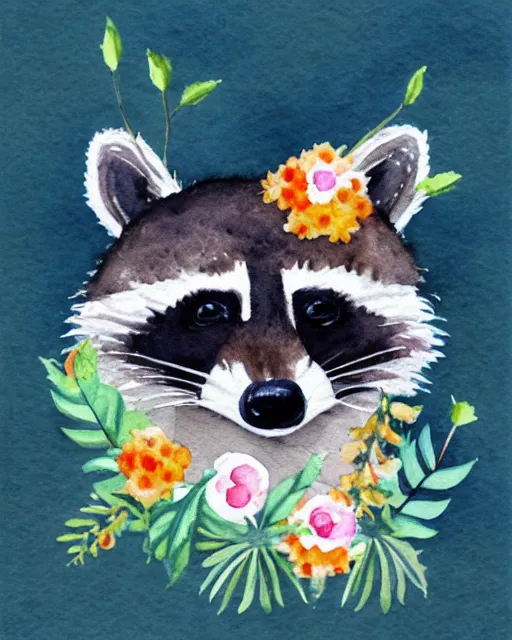 Prompt: a watercolor portrait of a cute raccoon with a crown of flowers