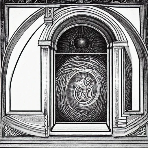 Image similar to golden ratio, circles, squares, perfection, intricate, sublime, heavenly, doorway, detailed, pencil art, spirals, artwork of an astronaut opening door that shows the universe illustrated by davinci