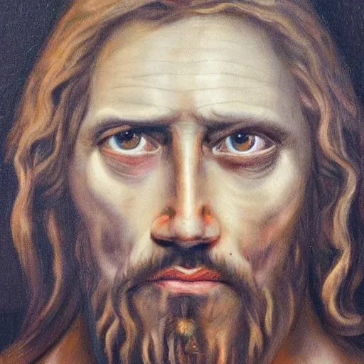 Image similar to oil painting by christian rex van minnen of a portrait of jesus christ, a depiction of jesus christ, scary, bible accurate, eyes scary, stern look, gross, dirty with intense chiaroscuro lighting perfect composition, baby scarred, burns, horrible, disgusting, terrifying, award winning painting