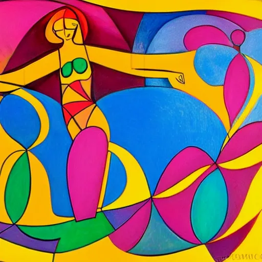 Prompt: woman woman dressed in flowers dances by the ocean at sunset, abstract art in the style of cubism and georgia o'keefe,