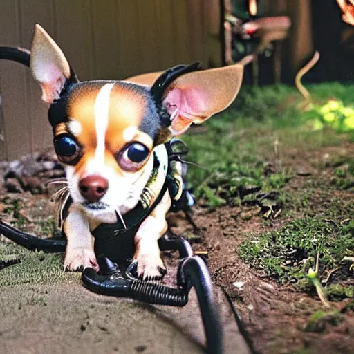 Image similar to a small chihuahua dog inside the mouth of a drooling smooth xenomorph from the movie aliens IV. Suburban backyard. Production photograph from horror sci-fi film directed by Ridley Scottie.