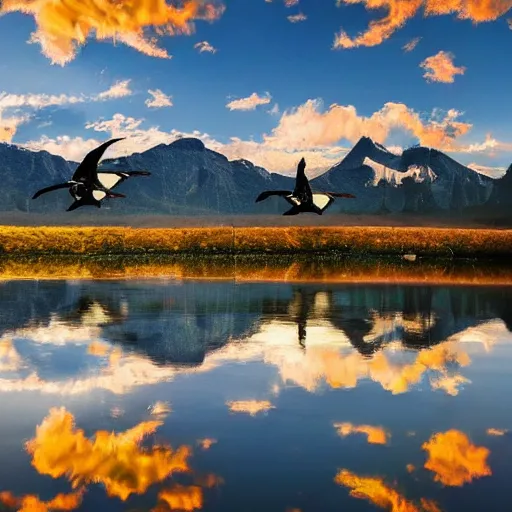 Image similar to photo of two black swans touching heads in a beautiful reflective mountain lake, a colorful hot air balloon is flying above the swans, hot air balloon, intricate, 8k highly professionally detailed, HDR, CGsociety