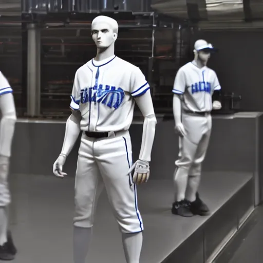 Prompt: a realistic detailed photo of a guy who is an attractive humanoid who is half robot and half humanoid, who is a male android, attractive and handsome baseball players, shiny skin, posing like a statue, blank stare, in a factory, on display, showing off his muscles, wearing baseball uniforms, side view, looking at each other mindlessly