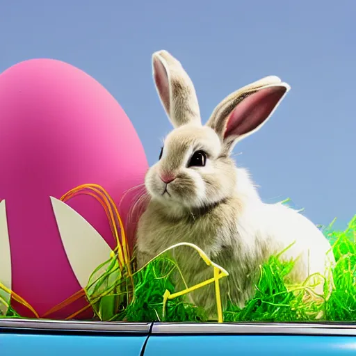 Prompt: easter bunny driving a convertible, studio photo, high quality