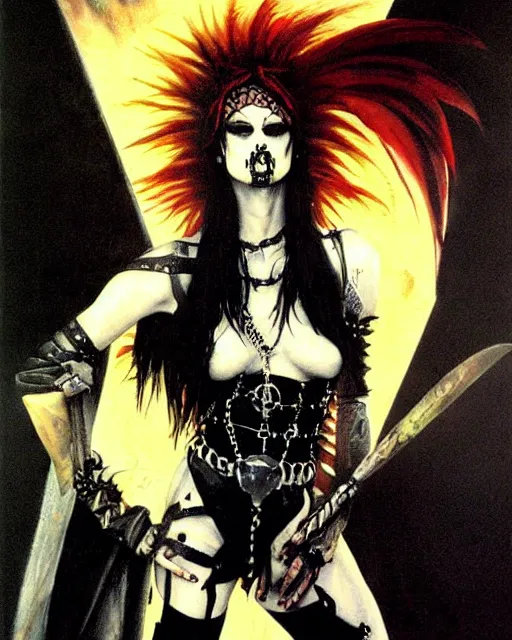 Prompt: portrait of a skinny punk goth sorcerer by simon bisley, john blance, frank frazetta, fantasy, barbarian