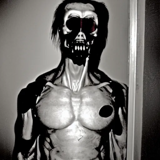 Image similar to grainy photo of the terminator as a creepy monster in a closet, harsh flash