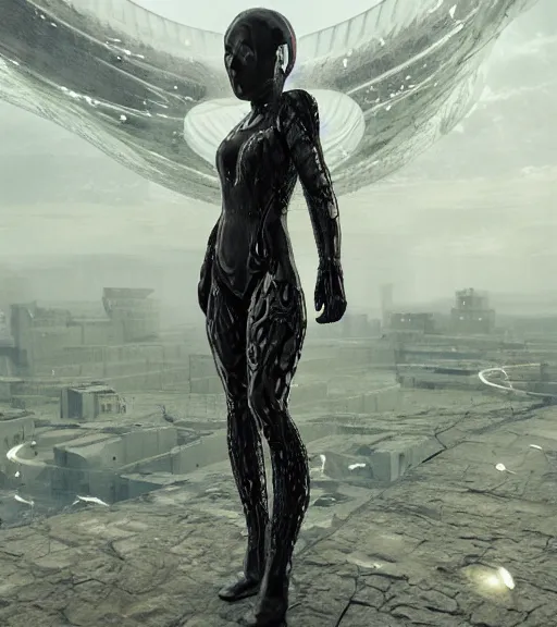 Image similar to tarkovsky's greatest scene, the ancient destroyed majestic tower of babylon, woman in a gantz o suit, futuristic cyber clothing, transparent puffer jacket, hyperrealistic, blockchain, cyber world, ambient lighting, concept art, intricate suit, hyper detailed, smooth, dynamic volumetric lighting, octane, ray trace, cinematic, high quality, cgsociety