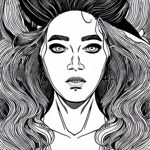 Prompt: clean simple line art of a woman. no background. well composed, clean black and white line drawing, beautiful detailed face. illustration by josan gonzalez