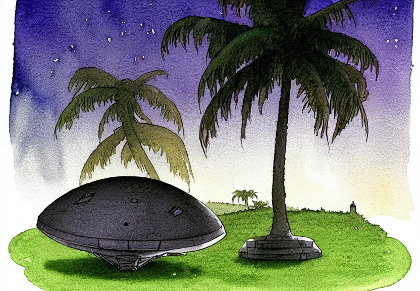 Image similar to a simple watercolor fantasy concept art of a dark grey boxy ufo from independence day ( 1 9 9 6 ) next to a palm tree at night. by studio ghibli, rebecca guay, michael kaluta, charles vess