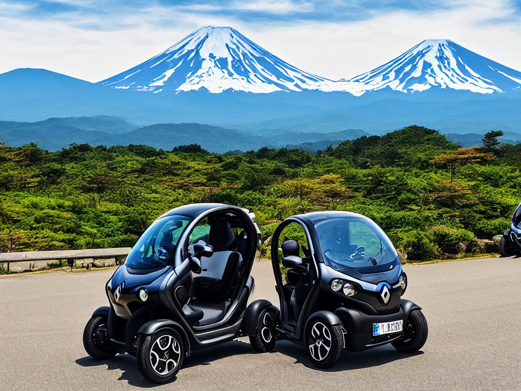 Image similar to Renault Twizy parked at a scenic viewpoint with mount Fuji in the background, manga visual