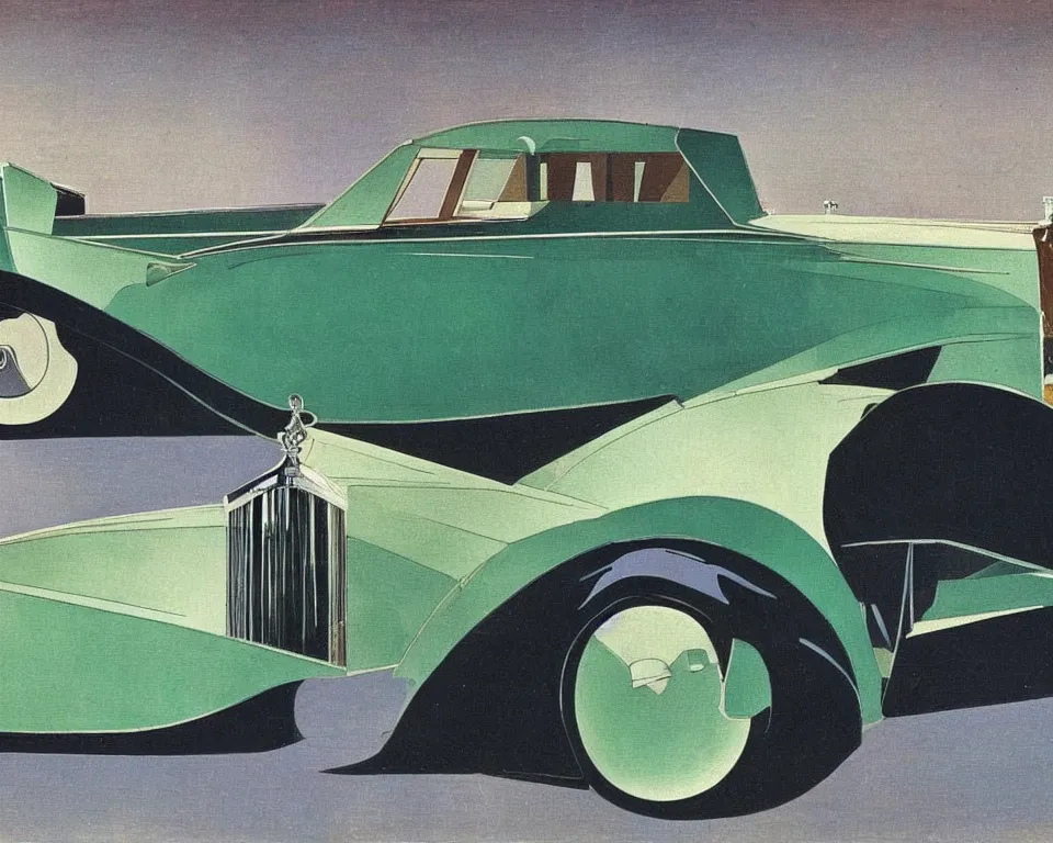 Prompt: an abstract, flat side view of a 1935 Rolls Royce Phantom. intricate, vibrant, Raphael, Monet, Rene Margritte.