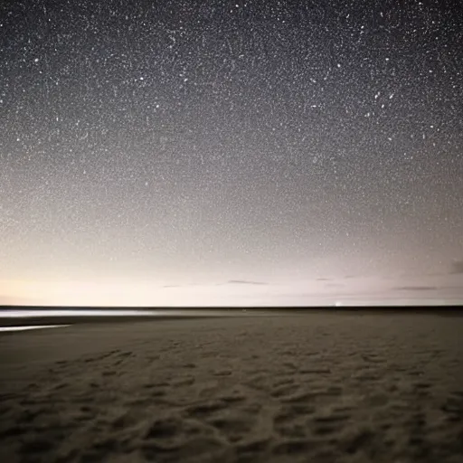 Prompt: calm peaceful beach at night, dark sky lit up with stars, alone, nighttime, waves, shore, sand