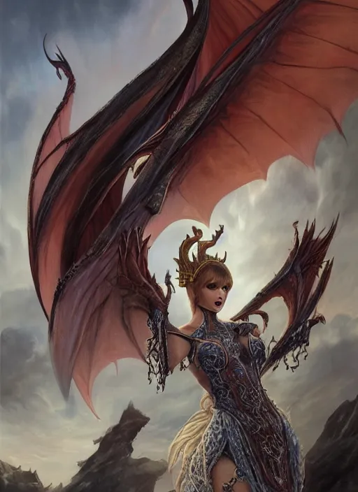 Prompt: Taylor swift demon dragon queen, Ivan Aivakovsky, Boris Vallejo, epic fantasy character art, D&D Concept Art, full length, Realistic, Regal, Refined, Detailed Digital Art, Oil Paining, Exquisite detail, post-processing, masterpiece, Cinematic Lighting, Unreal Engine, 8k, HD, Stanley Artgerm Lau, WLOP, Rossdraws, Frank Frazetta, Andrei Riabovitchev, Marc Simonetti, trending on artstation