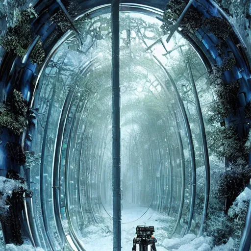 Image similar to frozen derelict portal in a middle of a snowy lush futuristic forest, engine tubes around the portal, green lush world seen only through a portal, daylight, cinematic lighting, blue sky, syd mead, john harris