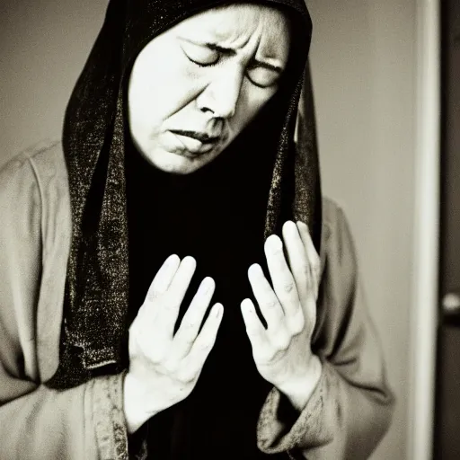 Image similar to 55mm photo of a shrouded sobbing woman praying the rosary