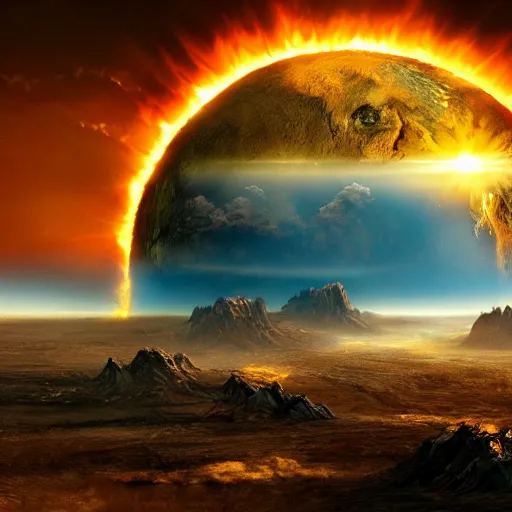 Image similar to the end of the world when the sun expands and burns the earth, highly detailed matte painting, 4 k