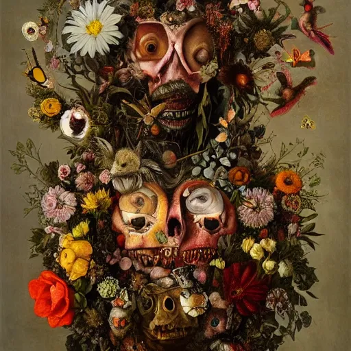 Prompt: A beautiful detailed existential horror portrait painting 'The Godes of nature' by Giuseppe Arcimboldo, flowers bees and birds everywhere, Trending on cgsociety artstation, 8k, masterpiece.