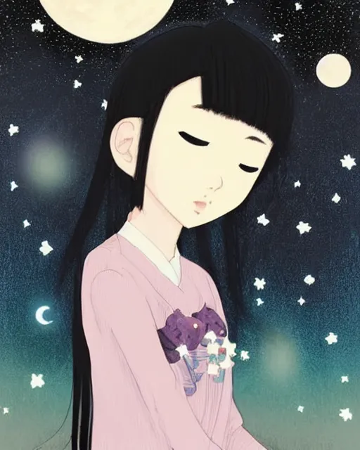 Prompt: a cute pastel night, Yukiko Sato is asleep, moon, starry, fireflies, her gorgeous luxurious black hair is lifted up as if underwater, blending into the night sky Milky Way, zero gravity hair, rule of thirds