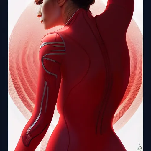 Image similar to a female wearing a skintight red mechanics jumpsuit, intricate, elegant, highly detailed, digital painting, artstation, concept art, smooth, sharp focus, illustration, art by artgerm and greg rutkowski and alphonse mucha, 8 k