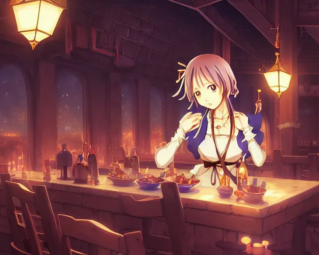 Image similar to anime visual, portrait of a young female in a busy fantasy medieval tavern interior at night, cute face by yoh yoshinari, murata range, last exile, blue submarine no 6, dynamic pose, dynamic perspective, detailed silhouette, rich texture, seven deadly sins anime, anime cels, matte color, flat lighting, rounded eyes