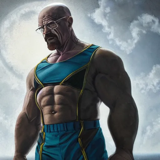 Image similar to walter white as a bodybuilder thanos with the infinity gauntlet, artstation hall of fame gallery, editors choice, #1 digital painting of all time, most beautiful image ever created, emotionally evocative, greatest art ever made, lifetime achievement magnum opus masterpiece, the most amazing breathtaking image with the deepest message ever painted, a thing of beauty beyond imagination or words, 4k, highly detailed, cinematic lighting