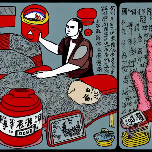 Image similar to chinese surgery operating table, in the style of daniel johnston and outsider art, 8k, line brush, overlaid with traditional chinese adverts