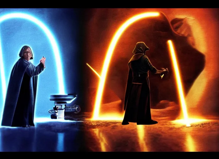 Image similar to screenshot from the film, Luke Skywalker faces off against unknown sith lord in electricity filled temple, 1970s film directed by Stanley Kubrick, Kodak color film, LUT, 4K, hyperdetailed, iconic scene, moody cinematography, anamorphic lenses