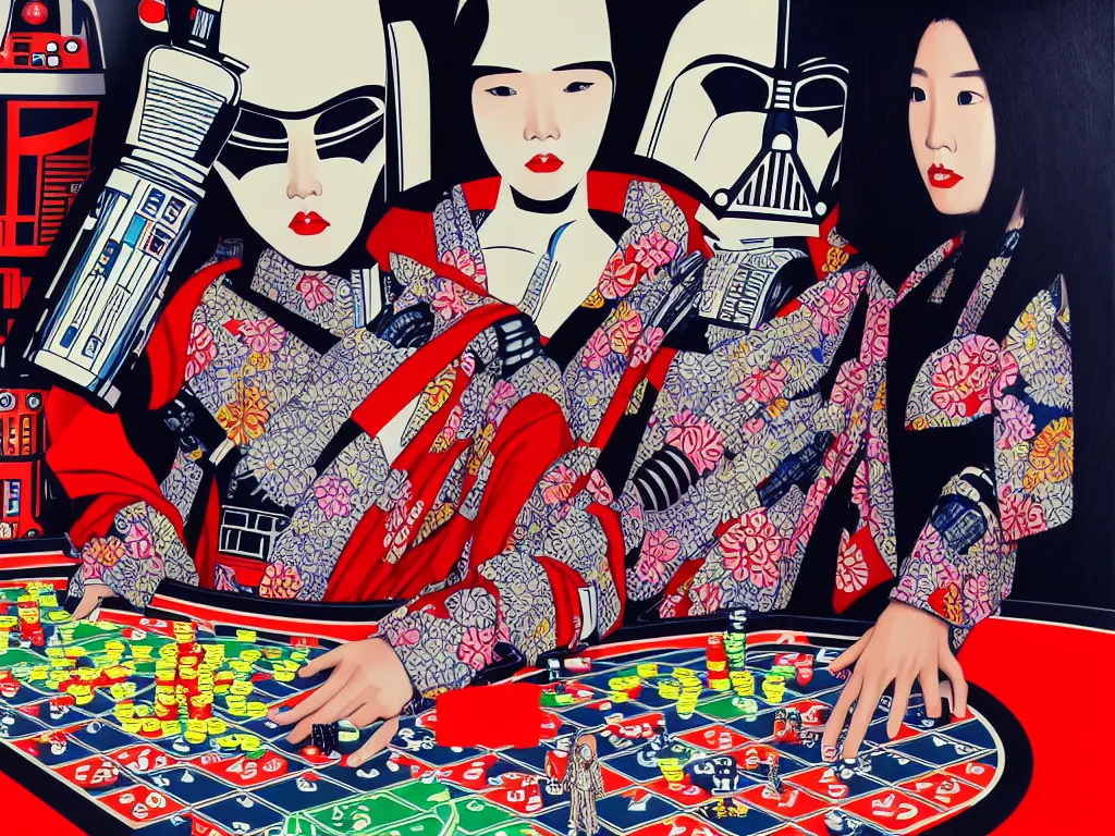 Prompt: hyperrealistic composition of the detailed woman in a japanese kimono with the ( ( c 3 p 0 ) ) robot head sitting at a extremely detailed poker table with darth vader, fireworks, mountain fuji on the background, pop - art style, jacky tsai style, andy warhol style, acrylic on canvas