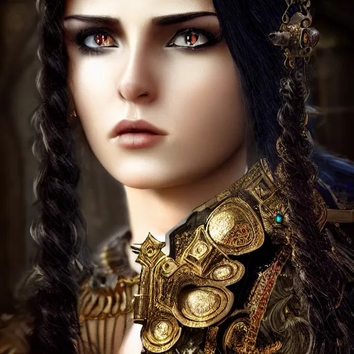 Image similar to beautiful female cleric with long black hair and a golden eye, focus on face, jewellery, fantasy, medieval, still, photograph, highly detailed, cinematic, romani descent, dramatic, dynamic lighting, award winning, masterpiece, trending on artstation