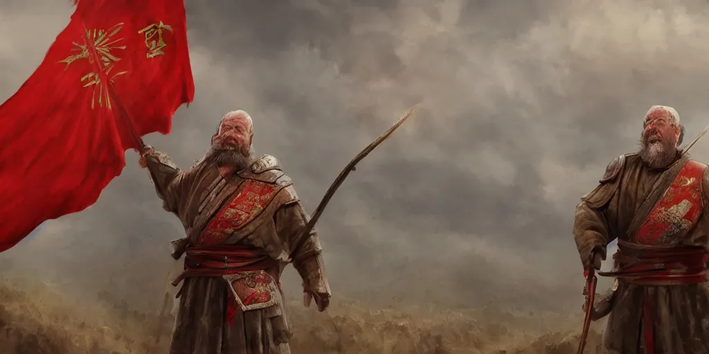 Image similar to overhead mid shot cinematic artwork of an old Caucasian man on a battlefield with a staff and wearing robes looking to a vast ancient Chinese army wearing red armor and holding red flags in the distance by greg rutowski, masterpiece, fantasy, 4k