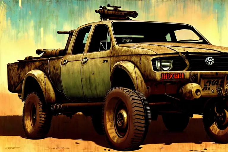 Image similar to dieselpunk mad max toyota hilux with large gun in the bed, painted by greg rutkowski makoto shinkai takashi takeuchi studio ghibli, akihiko yoshida