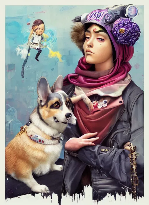 Prompt: beautiful portrait painting of a lofi Polish cyberpunk princess and her corgi assassin king, by Afarin Sajedi, Alessandro Barbucci, Alex Gross, Shin Jeongho, Shohei Otomo. trending on Artstation, 8k, masterpiece, face enhance, graffiti paint, fine detail, full of color, intricate detail, golden ratio illustration