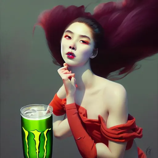 Image similar to girl drinks monster energy, organic painting, matte painting, bold shapes, hard edges, street art, trending on artstation, by huang guangjian and gil elvgren and sachin teng