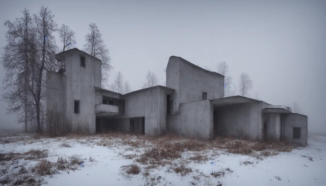 Image similar to russian style concrete house, abandoned, lifeless, winter, foggy blizzard, atmospheric, mystical, very detailed 4 k