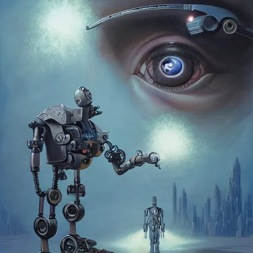 Image similar to amish cyborg with one robotic eye, highly detailed by peter mohrbacher, hajime sorayama, wayne barlowe, boris vallejo, aaron horkey, gaston bussiere, craig mullins