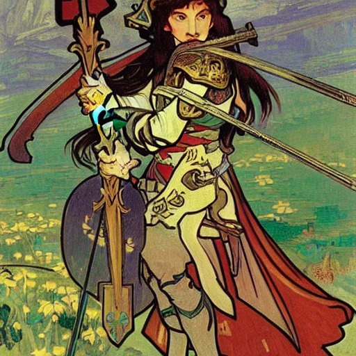 Image similar to painting of elf paladin with long dark hair fighting group of goblins with his sword, wearing armor, modest, lots of goblins, goblins everywhere, art by alphonse mucha, vincent van gogh, egon schiele,