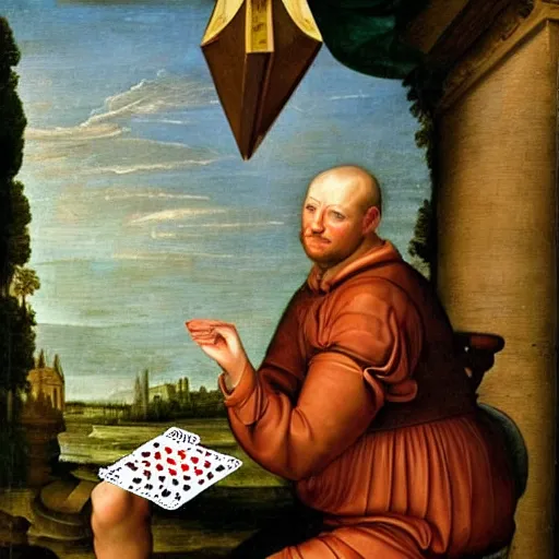 Prompt: a renaissance painting of a man playing piano with playing cards floating in the air