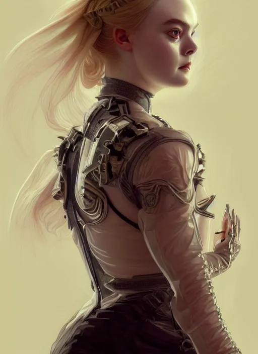 Image similar to symmetry!! portrait of elle fanning in dead space, horror, fashion, dark!! intricate, elegant, highly detailed, digital painting, artstation, concept art, smooth, sharp focus, illustration, art by artgerm and greg rutkowski and alphonse mucha