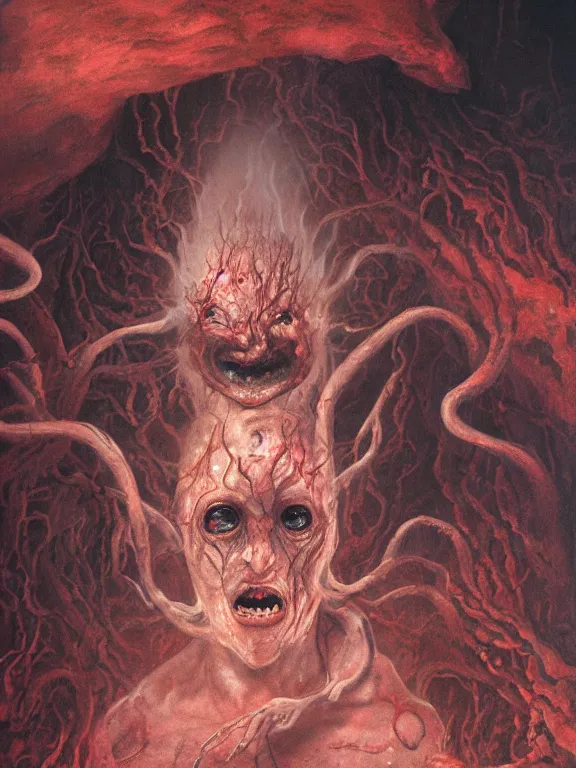 Image similar to wayne barlowe painting of a flying sorrowful looking severed human head with tears running down it's eyes, face that is chalk white in color, with long white tentacles stemming from it's neck, fiery scorching red eyes, background sprawling terrifying hellish cave with lava flowing through it's walls, 4 k