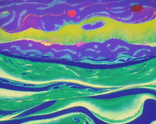 Prompt: Ocean waves in a psychedelic dream world. DMT. Curving rivers. Emil Nolde. Minimalist.