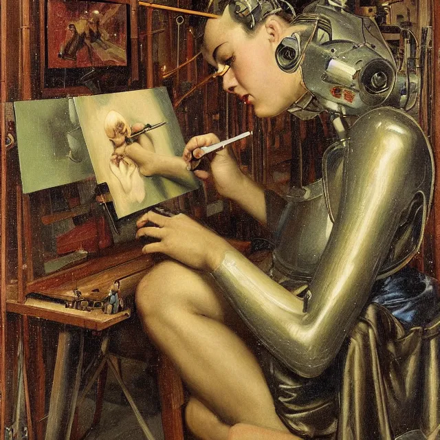 Image similar to robot artist painting a self - portrait on a canvas. intricate, highly detailed, digital matte painting, in the style of hans thoma, and in the style of gil elvgren. irony, recursion, inspiration.