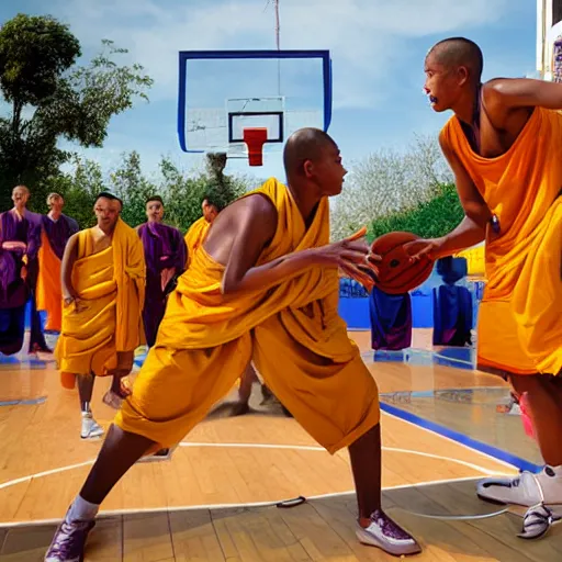 Prompt: Buddhists play basketball against the background of a Buddha statue