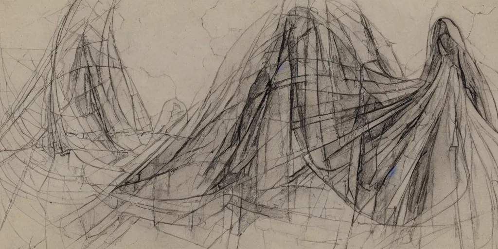 Image similar to sketch by da vinci and Zaha Hadid in old paper